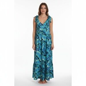 NWOT Carribean Joe Green Blue Tropical Print Tie Shoulder V Neck Maxi Cover Up